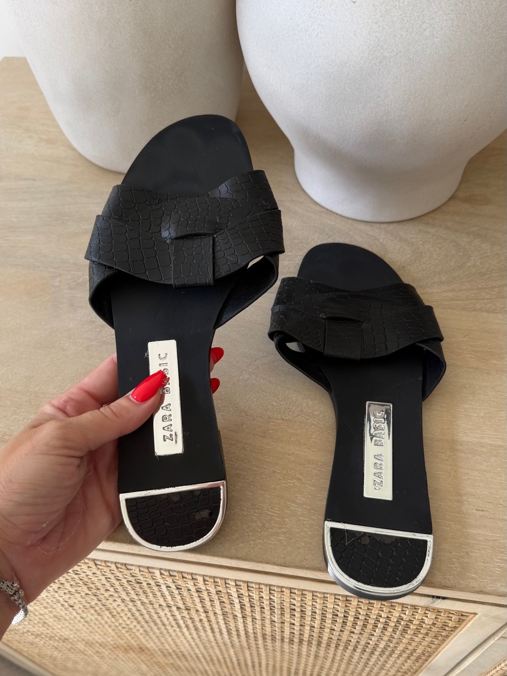 Zara Black Croc-Texture Slide Mules with Silver Trim
